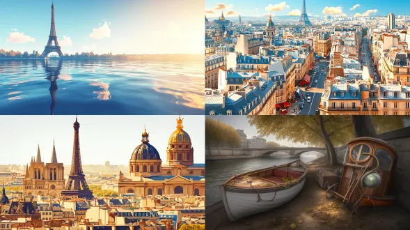 埃菲尔铁塔耸立在巴黎城市天际线，黄昏时分，金色日落映照金属结构，天空渐变色，云层细节丰富，远景有塞纳河与古典建筑，现代都市氛围，温暖色调，长焦镜头，低角度拍摄，高动态范围，柔光效果，宁静而壮丽