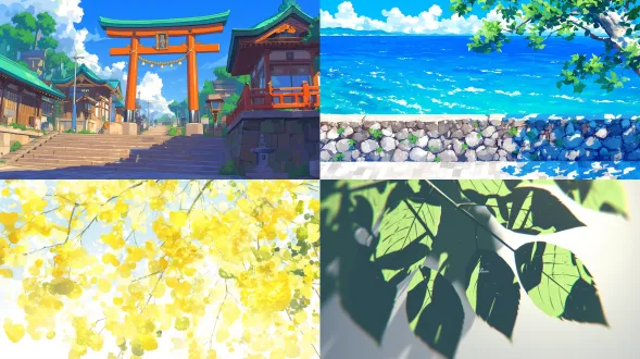 新海诚动画风格，丰富植物细节，近景草地纹理清晰，阳光透过树叶斑驳，柔和自然光线，广角镜头拉伸空间感，明亮饱和色彩，清新治愈氛围，微风中摇曳叶片，生机勃勃场景，高分辨率渲染，动态光影效果，蓝天白云背景，温暖宁静情感。