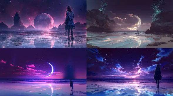 夜晚海滩，蓝粉荧光覆盖海面与天空，巨大月亮低悬，精灵光闪烁，星辰密布，金色沙滩倒映月光，超广角镜头，cg渲染，体积光穿透云层，迈克尔·詹姆斯·史密斯风格哑光画，生物发光波纹，虚幻引擎5渲染，高动态范围，太空艺术氛围，光之魔法粒子，镜面反射，冷色调主导，神秘静谧。