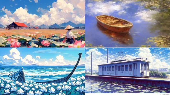 小舟被荷叶荷花包围，前景特写，远处长景，蓝天白云背景，扁平插画风格，bloom方盒造型，绿色主调，完美环境光照，8k超高清，最佳质量，广角镜头，自然光，宁静氛围，柔和高光，细腻纹理，和谐配色，清新感受。