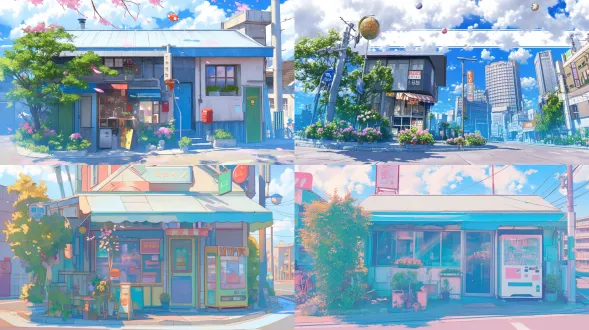 3d动漫风格，彩色城市，粉彩建筑，街角咖啡店，粉色绿色蓝色天空，未来设计元素，花店前美丽花朵，柔焦，晴天，云朵，房屋上空小飞行球，鲜艳色彩，阳光穿透云层，超真实渲染，建筑摄影风格，高细节插图，现实照片，广角镜头，自然光，柔和阴影，温暖色调，生动活泼，低饱和度，蒸汽波风格，几何形状，童话氛围