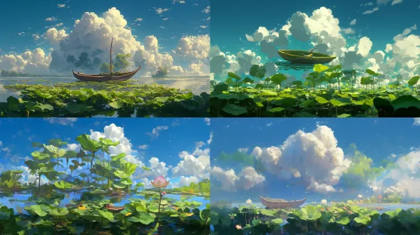 小舟被莲叶莲花包围，前景构图，远距离视角，背景蓝天白云，扁平插画风格，bloom发光效果，绿色主调，完美环境光，8k超高清，最佳画质，广角镜头，柔和阴影，清新氛围，宁静感，高饱和度，细腻纹理，对称平衡，自然元素，极简设计。