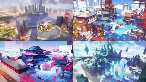 中国大城市景观扁平插画，大胆明亮色彩搭配渐变效果，噪点渐变纹理，极简线条，蓝白主调，鸟瞰视角，高饱和度，几何建筑群，抽象轮廓，柔和阴影，现代都市感，动态构图，微光效果，清新氛围，视觉层次丰富。