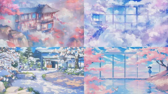 蓝色调小房子悬崖，超写实细节渲染，广角电影镜头，日本动画风格，现实油画质感，明亮色调，细致纹理，柔光，温暖氛围，宁静愉悦，远距离视角，冷色调，壮观视觉冲击，和谐构图，自然光影，清晰层次感，柔和过渡，优雅场景，细腻笔触