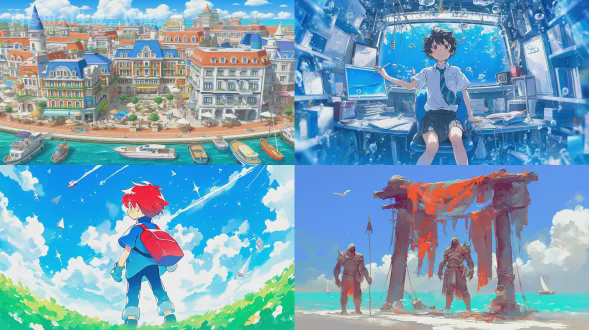 马特·博尔斯卡通形象，站在水天之间，田园诗歌风格，宁静海景，迷人港口，乡村小屋氛围，吉卜力工作室细腻画风，红白插画，高细节，柔和光线，广角镜头，温暖色调，平静表情，微风拂面，帆船点缀，梦幻氛围，层次丰富，生动自然