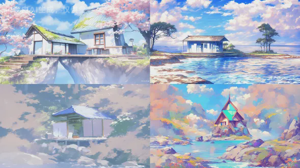 蓝色调小房子悬崖，超写实细节渲染，广角电影镜头，日本动画风格，现实油画质感，明亮色调，细致纹理，柔光，温暖氛围，宁静愉悦，远距离视角，冷色调，壮观视觉冲击，和谐构图，自然光影，清晰层次感，柔和过渡，优雅场景，细腻笔触