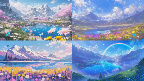 彩虹花海覆盖山谷，发光蒲公英漂浮，蓝紫蝴蝶轻舞，樱花雨纷飞，远处雪山倒映湖面，对角线构图，暖冷色调交融，超广角镜头，侧逆光透射，柔焦效果，梦幻治愈氛围，唯美自然，高动态范围，细腻纹理，生机勃勃，宁静祥和。