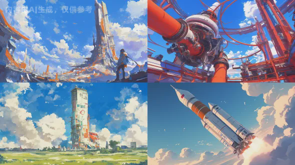 中国航天火箭发射，壮观场景，巨大火箭腾空而起，尾焰喷射，蓝天白云，精密机械细节，8k超高清，广角镜头，低角度拍摄，强烈动态模糊，金属光泽，科技感，橙红色火焰，冷色调背景，震撼人心，历史性时刻，未来感，高对比度，精细纹理，大气透视，宏伟壮观。