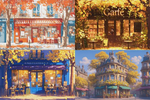 迷人巴黎咖啡馆，秋叶环绕，吉卜力风格与atey ghailan风格融合，建筑点缀金色落叶，温暖氛围，优雅树木环绕，柔和粉彩色调，细腻叶片纹理，黄金阳光洒落，日式动漫水彩风格，前门精致细节，浪漫宁静。广角镜头，浅景深，自然光，温暖色调，微风吹拂落叶，动态光影，细腻笔触，怀旧情感。