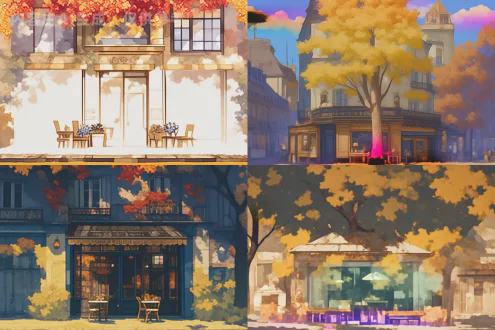 巴黎咖啡馆，秋叶环绕，宫崎骏与atey ghailan风格，动漫插图，柔和粉彩，金色落叶，温暖氛围，精致树叶纹理，门前优雅树木，金色阳光，水彩画风，广角镜头，景深效果，柔和光晕，细腻笔触，温暖情感，童话氛围，细致建筑细节，秋日浪漫，自然融合