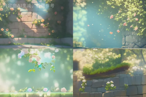 石墙上爬满绿植点缀几朵玫瑰花，唯美构图，柔焦背景，自然光，低角度拍摄，浅景深，复古色调，微距镜头，晨雾效果，花瓣露珠，细腻纹理，宁静氛围，温暖阳光，柔和阴影，植物细节，浪漫风格，淡雅色彩，诗意画面