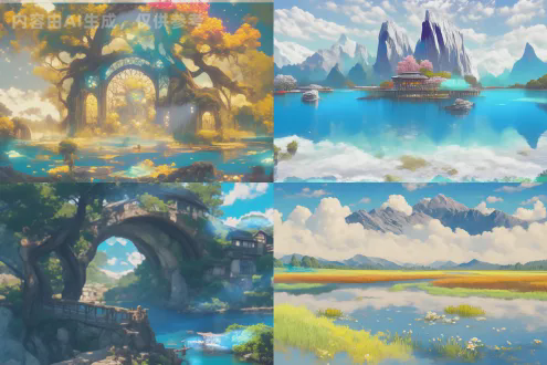 梦幻远古生态场景，山水天交融，精致树木，鲜明对比色，电影级全景构图，春日气息，黄蓝调，优雅细腻细节，虚拟cg社会，惊人数字艺术，高分辨率，自然光，广角镜头，细腻纹理，和谐色调，超现实氛围。