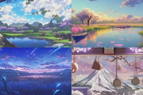 镜面湖泊，密集樱花林倒映暮彩虹光，远处山脉剪影黄昏，花瓣漂浮水面泛涟漪，云彩渐变色过渡，金色日落光辉闪烁水面，动漫风格治愈感，8k超精细分辨率，广角镜头，柔焦效果，高动态范围，暖色调，宁静祥和，水面倒影，细腻纹理，梦幻光影。