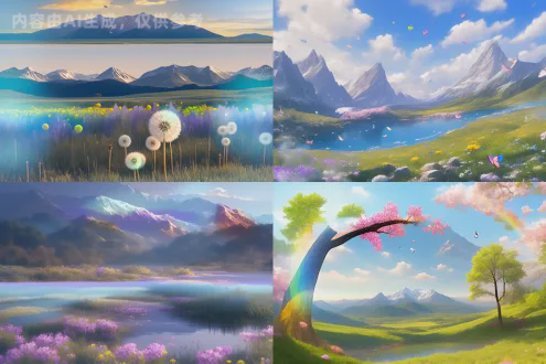 彩虹花海淹没山谷，发光蒲公英、蓝紫蝴蝶、樱花雨，雪山映湖，对角线构图，暖冷色调，超广角镜头，侧逆光，柔焦效果，梦幻治愈，层次丰富，高饱和度，动态飞舞，自然仙境，宁静祥和。
