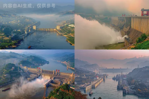 中国三峡大坝全景，混凝土重力坝宏伟轮廓，对称泄洪闸群，发电厂房建筑群，双线五级船闸通航，长江江面船只穿行，两岸青绿山峦，晨雾缭绕，丁达尔效应光束，泄洪激起白色水雾，岸边松树芦苇，沿江城镇剪影，超广角镜头，低角度仰拍，史诗级写实风格，冷暖色调对比，hdr高动态，8k超高清，极致细节，电影级构图，工业美学与自然融合，庄严肃穆，磅礴气势