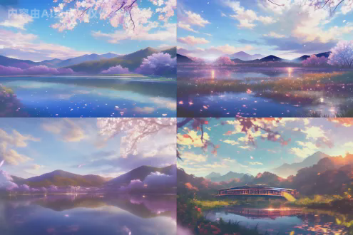 镜面湖泊，密集樱花林倒映暮彩虹光，远处山脉剪影黄昏，花瓣漂浮水面泛涟漪，云彩渐变色过渡，金色日落光辉闪烁水面，动漫风格治愈感，8k超精细分辨率，广角镜头，柔焦效果，高动态范围，暖色调，宁静祥和，水面倒影，细腻纹理，梦幻光影。