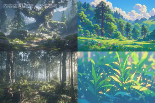 森林全景，郁郁葱葱的树木，夕阳余晖洒落，宁静祥和的氛围，皮克斯动画风格，超真实渲染，高角度拍摄，明亮鲜艳的色彩，迪士尼3d卡通风格，阳光直射穿透树叶，广角镜头捕捉广阔视野，动态光影效果，层次分明的景深，温暖色调，柔和阴影，自然光线，微风吹动树叶，生动细节，童话般的质感，愉悦宁静的情感。