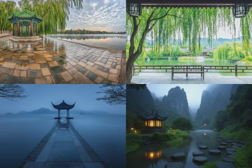 清凉夏日江南水乡雨后清晨，小亭子临水而立，远处青山如黛，近处河水泛着晨光，薄雾缭绕，超广角镜头，真实风景风格，唯美意境，高清画质，柔和的自然光线，宁静氛围，浅蓝色调和绿色调交融，倒影清晰，细腻纹理，微风吹拂柳枝，湿润的石头小路，空灵悠远