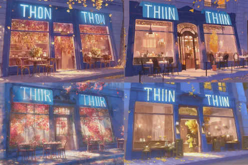 迷人巴黎咖啡馆，秋叶环绕，宫崎骏与atey ghailan风格，建筑装饰金色落叶，温暖氛围，前门优雅树木，柔和粉彩，细腻叶片纹理，金色阳光洒落，日式动漫风格，水彩画质感，广角视角，暖色调，高光柔和，细节精致，微风吹拂落叶，宁静愉悦，童话感。