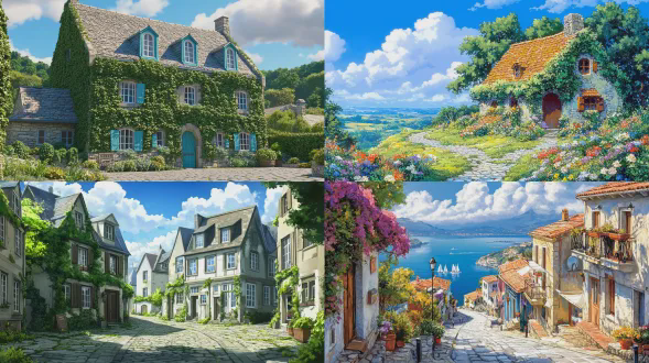 欧洲小镇别墅爬满爬山虎，石板路蜿蜒，清澈水沟反射蓝天白云，斜阳温暖，动漫风格，色彩鲜艳饱和，全景视角展示细节，高对比度光影，柔和自然光线，梦幻童话氛围，高分辨率纹理，逼真植被，生动云层，温暖色调，宁静祥和。