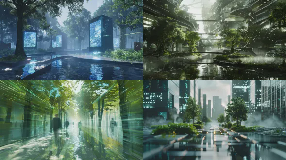 森林商业街，未来科技感，全息投影浮动，流水环绕，绿植与现代建筑融合，动态光影变幻，冷色调与霓虹点缀，广角镜头，景深虚化，起伏地形设计，互动全息屏，神秘而先进，低角度拍摄，反射水面，镜面材质，流动线条，数字粒子特效，微光雾气，赛博朋克风格。