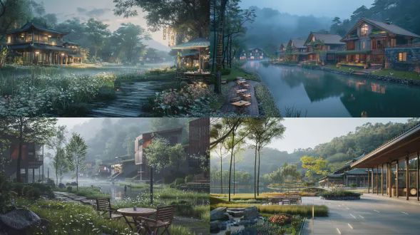 线条交织的森林与建筑群环绕湖泊，草原点缀花草，走廊延伸至石屋，竹林边桌椅静置，广场上灯具柔和，全景构图，自然风格，广角镜头，暖光漫射，色彩丰富，宁静氛围，微距细节，晨雾朦胧，对称美学，生态和谐，木质纹理，自然光晕，低饱和对比。