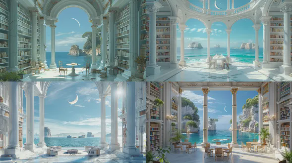 白色罗马石质建筑内高耸书架，中央桌椅，窗外蔚蓝海洋点缀小岛，银白巨大月牙悬于蓝天，对称构图，古典风格，自然光与室内暖光交织，广角镜头，高分辨率6k，冷色调与暖色对比，宁静，神秘，知识氛围。