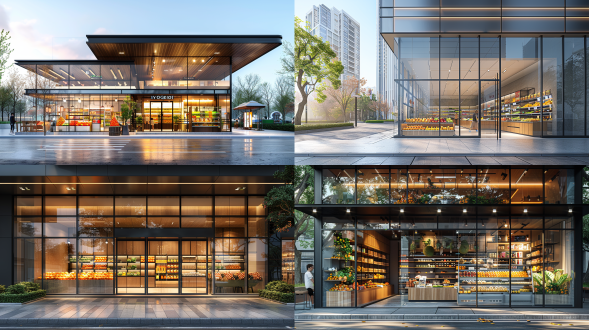 商业街渲染，轻奢简约风格，玻璃立面，水果店、咖啡店、便利店排列，无人物，自然光线，16k超高清，广角镜头，高对比度，城市建筑，现代感，浅色调，干净线条，反射光影，细节丰富，高清摄影，午后阳光，柔和阴影，几何构图，透明材质，金属框架，低饱和度，优雅氛围