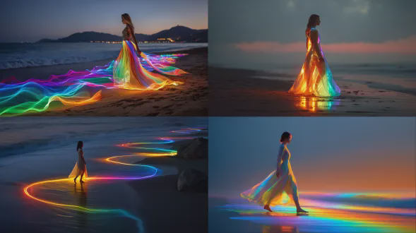 女孩在沙滩上行走，光绘艺术，梦幻风格，彩虹核心，多彩墨水，炫目色彩，发光阴影，彩虹背景，发光的海浪，彩虹色风格，飘逸长裙，柔和表情，黄昏时分，长曝光，广角镜头，柔焦，高动态范围，渐变色，温暖色调，宁静氛围，神秘感，发光边缘，艺术感强烈。