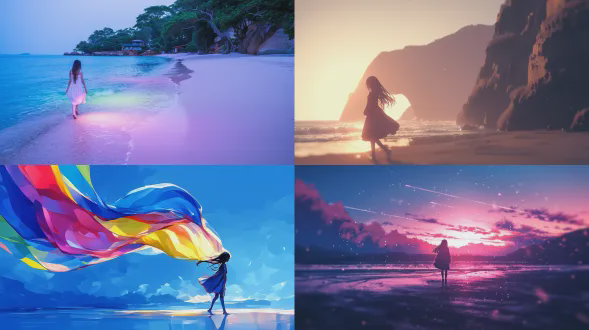女孩在海滩上行走，光绘艺术，梦幻空灵风格，彩虹核心，多彩墨色，炫目光芒，发光阴影，彩虹背景，波浪呈现彩虹色彩，身着飘逸长裙，长发随风飘扬，表情宁静愉悦，光影交错，慢门拍摄，柔焦效果，高饱和度，广角镜头，黄昏光线，浪漫氛围，动态模糊，艺术感强烈