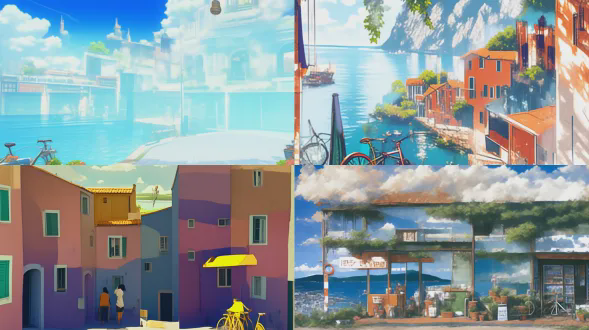 复古海岸小镇，青绿色两层建筑配亮橙色门窗，黄色遮阳篷下咖啡馆，窗台盆栽，门前自行车，白色阳台栏杆，左侧街牌与红绿灯，背景清澈青绿海洋远处小船，明亮蓝天白云，动漫风格，鲜明色彩，清晰线条，宁静氛围，16:9画幅，广角镜头，高饱和度，侧光，细腻阴影，生动细节，温暖阳光感。