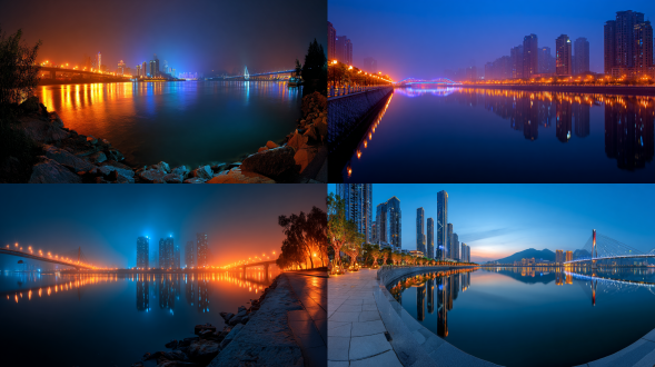 "橘子洲湘江夜景，全景构图，现代都市与自然交融，江面倒映霓虹灯光，远景高楼林立，暖色调与冷蓝色交织，长曝光，广角镜头，慢速快门，水面平滑，星光点缀，宁静浪漫，深蓝色天幕，城市剪影，桥梁灯光轨迹，低角度拍摄，雾霭朦胧。"