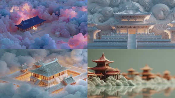 3d渲染宋代宫殿，点彩技法，极简风格，祥云环绕，柔和色调，高斯模糊背景，动态模糊效果，陈家泠艺术风格，大量负空间，活力光影，内发光效果，宁静氛围，低饱和度，对称构图，细腻纹理，虚幻质感，空中视角，微光反射，禅意意境。