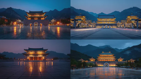 洛阳应天门夜景，宏伟建筑，金色灯光映照，天空深蓝渐变，对称构图，高动态范围，长曝光，琉璃瓦细节，古代城门，静谧庄严，无人空旷，冷色调为主，暖光点缀，远山轮廓，超广角镜头，低角度仰拍，辉煌壮丽，历史厚重感。