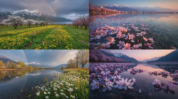 彩虹海淹没山谷，发光蒲公英漂浮晨雾中，蝴蝶穿梭樱花雨中，雪山倒映湖面，对角线构图，柔焦，暖光，梦幻色彩，治愈氛围，广角镜头，高动态范围，自然光，微距细节，浅景深，淡雅色调，宁静情绪，晨光雾霭，花瓣飘落，水面反射，生态和谐。