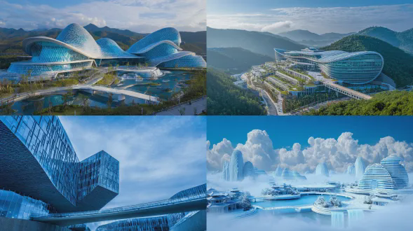 新中式风格大学校园，玻璃幕墙纹理突出，未来感悬空岛屿，瀑布流淌，蓝调主色，细致丰富，悬索桥连接岛屿，云海环绕，晴朗清晨，中式飞檐，蓝天白云背景，新未来主义，超现实光影，自然光照，明亮光线，俯瞰视角，8k超高清，超写实，细节丰富，电影感，照片级真实