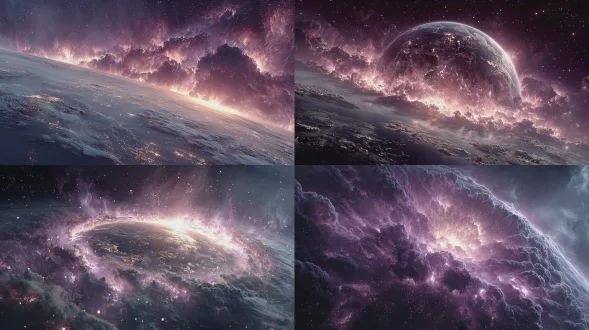 地球被紫色火焰环绕，中心构图，星际空间背景，科幻风格，超广角镜头，暗色调，逆光，漂浮，神秘感，主色调紫色，虚幻引擎oc渲染器，文艺复兴风格，创意设计，浩瀚星空，深邃宇宙，光影对比，星辰点缀，流动火焰，未来感，超现实主义。