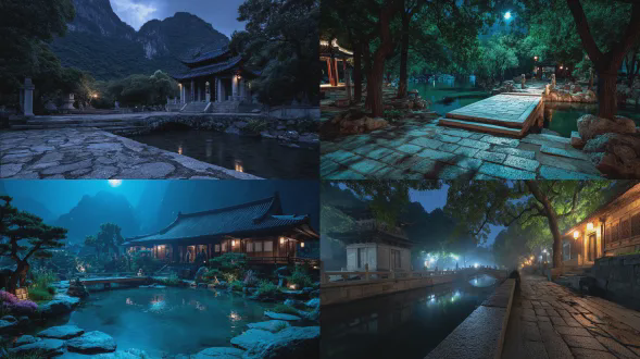 寒山寺外姑苏城，午夜钟声客船到，明月夜，小桥流水，小船古庙，8k超高清摄影风格，静谧氛围，长曝光，冷色调，广角镜头，月光反射水面，古寺剪影，薄雾缭绕，船夫撑篙，石板小径，深蓝色夜空，钟楼细节，灯笼微光，宁静致远。