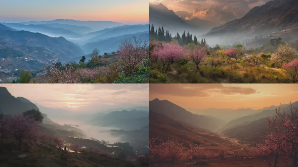 雾霭笼罩的高山峡谷，桃花盛开，溪流潺潺，夕阳余晖洒满山谷，旅人缓步前行，霞光映天，飞鸟翱翔。广角镜头，逆光，低饱和度，自然光，宁静，长镜头，动态模糊，暖色调，神秘感。