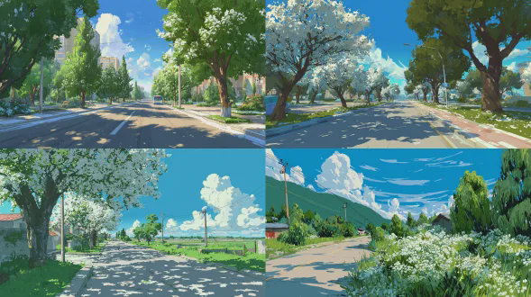 盛夏江南街道风景，琼花盛开洁白如雪，蓝天白云背景，绿树成荫郁郁葱葱，阳光透过树叶撒落光斑，宽阔道路延伸至远方，卡通渲染风格，高清细节，清新色调，广角镜头拍摄，自然柔和光线，远景构图，宁静氛围，绿意盎然，自在悠闲，色彩明亮，生机勃勃，细腻笔触，温暖阳光。