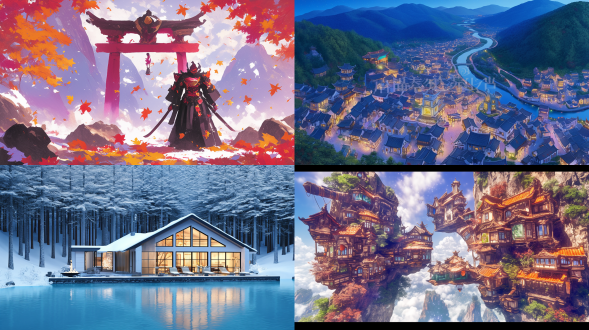 玻璃东方建筑，亭台楼阁，中式飞檐，内部晶莹剔透，坐落于葱郁森林中，江南古镇旁瑶林仙境，超现实cg渲染，夜景，璀璨星空，迷人烟雾，枫叶树，雪景，高清晰度，广角镜头，冷色调，柔光，镜面反射，对称构图，宁静氛围。