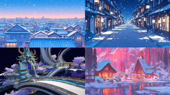 玻璃东方建筑，亭台楼阁，中式飞檐，内部晶莹剔透，坐落于葱郁森林中，江南古镇旁瑶林仙境，超现实cg渲染，夜景，璀璨星空，迷人烟雾，枫叶树，雪景，高清晰度，广角镜头，冷色调，柔光，镜面反射，对称构图，宁静氛围。