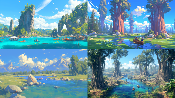 清澈溪流蜿蜒流过森林，皮筏艇上人们划桨漂流，周围巨大岩石和参天大树，晴天多云柔光，丁达尔光效穿透树叶，远景构图展现生机勃勃自然场景，长焦镜头捕捉动态模糊，侧光柔和，慢快门营造宁静流动感，绿色调清新自然，平静中充满活力，自然光线，柔和色调，清新自然，生机盎然，动态模糊，宁静氛围。