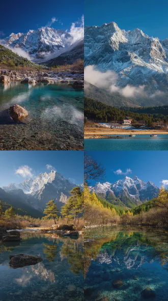 玉龙雪山景区，壮丽雪峰，蓝天白云，清晨阳光，金色日照金山，雪山倒映在蓝湖中，松林环绕，徒步者远眺，户外装备，广角镜头，8k分辨率，超高清细节，冷色调与暖光对比，自然风光，宏伟震撼，宁静神圣