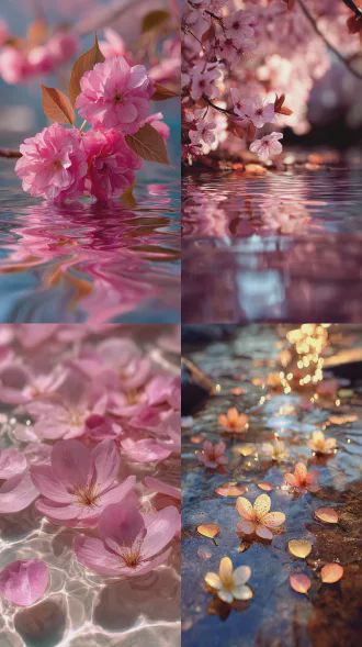 光线追踪反射，樱花树背景，细致树叶，浅水中花瓣，彩色树叶，高清拍摄，自然光，花瓣飘落，绚丽色彩，优雅情感，长焦镜头，浅景深，柔和光影，水波荡漾，微距细节，粉色调，慢动作捕捉，宁静氛围，低角度拍摄，诗意构图。