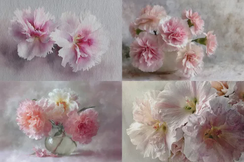 花静物，淡雅水彩，约瑟夫·兹布科维奇风格，柔和光线，透明质感，花瓣细腻纹理，浅色调背景，松散笔触，自然光影过渡，静物构图，简约优雅，灰粉色系，湿润效果，轻柔阴影，空气感，细腻层次，水彩晕染，留白技法，浪漫氛围