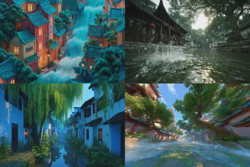 梦幻中国小镇，溪流穿屋，近景奇幻水魔法，自然树木，日式cgi，健康水疗冥想中心，独特景观，houzz风格，水花瀑布，steve zheng风格，摇曳树木，苏联庭院，raymond han风格，动漫风，道教元素，广角镜头，浅景深，柔光，冷色调，宁静氛围，流水动态，雾气缭绕，禅意，对称构图，高动态范围，细节丰富。