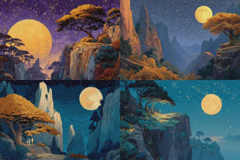 悬崖与峭壁的插画，巨大金色月亮背景，迎客松，梦境风格星艺团体ep封面，深邃夜空，荧光效果，全局光照，发光特效，写实光影描绘，精致幻想世界，agnes lawrence pelton风格，数字绘画，暖色调，明亮配色，马卡龙色系，互补色搭配，闪烁星空，夜景，夜光片，金粉洒落效果，仙光，超广角，超高分辨率cg大场景