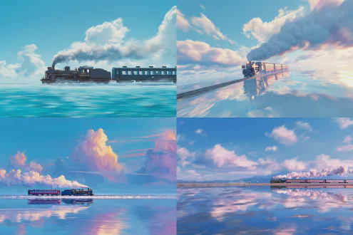 火车在水面上飞驰，宫崎骏动画风格，开阔视野，蓝天白云背景，蒸汽机车，童话氛围，长曝光效果，水面波光粼粼，动态模糊，鲜艳色彩，广角镜头，柔光，高饱和度，蒸汽轨迹，梦幻感，温暖色调，低角度拍摄，流动感，欢快情绪。