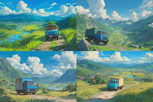 蓝色货车行驶在户外，山脉河流草地村庄风景，十二分格构图，吉卜力动画风格，32k分辨率，细节丰富，广角镜头，明亮自然光，动态模糊，清新色调，宁静氛围，微距纹理，远景层次感，柔和阴影，高动态范围，温暖阳光，流动云彩，生动色彩，童话感，细腻笔触。